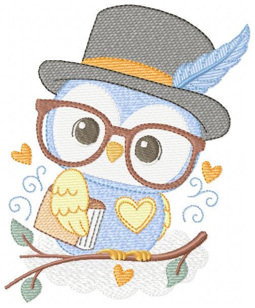 Owl embroidery design - Bird with glasses machine embroidery pattern - Baby Boy Owl with Top hat and hearts - Instant digital download jef