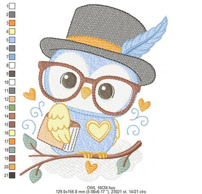 Owl embroidery design - Bird with glasses machine embroidery pattern - Baby Boy Owl with Top hat and hearts - Instant digital download jef