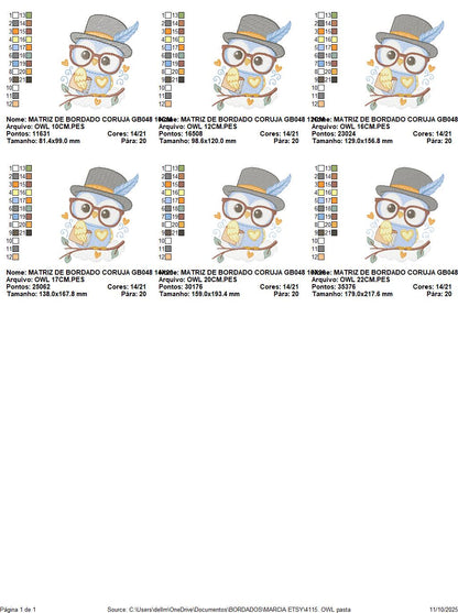 Owl embroidery design - Bird with glasses machine embroidery pattern - Baby Boy Owl with Top hat and hearts - Instant digital download jef