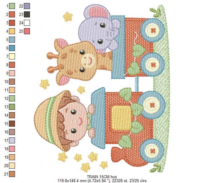Safari Wild Animal train embroidery designs - Elephant and Giraffe machine embroidery pattern - Baby Boy file - Instant download pes jef
