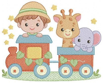 Safari Wild Animal train embroidery designs - Elephant and Giraffe machine embroidery pattern - Baby Boy file - Instant download pes jef