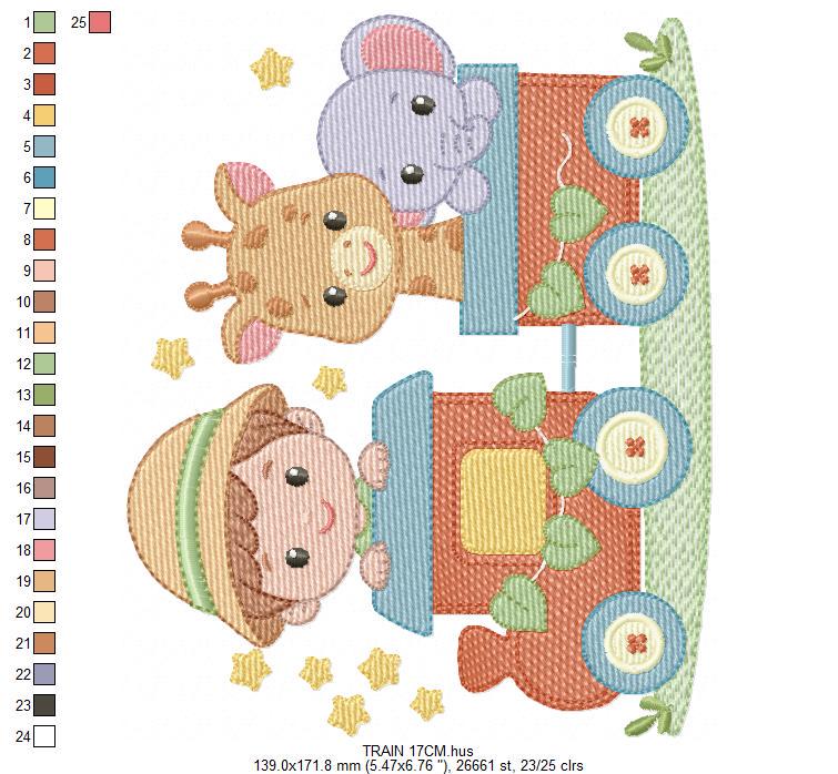 Safari Wild Animal train embroidery designs - Elephant and Giraffe machine embroidery pattern - Baby Boy file - Instant download pes jef