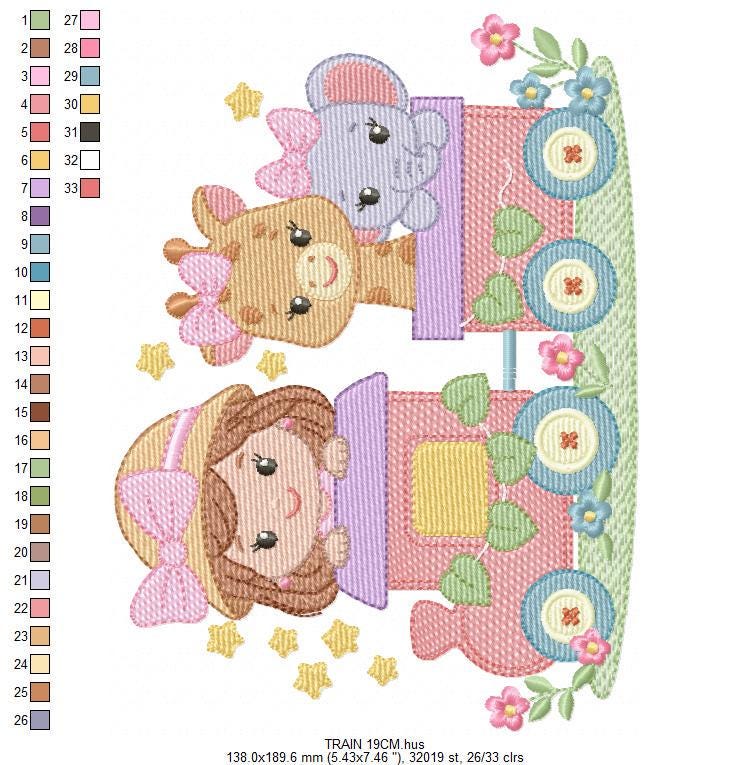 Safari Wild Animals in a train embroidery designs - Elephant and Giraffe machine embroidery pattern - Baby Girl file - Instant download pes