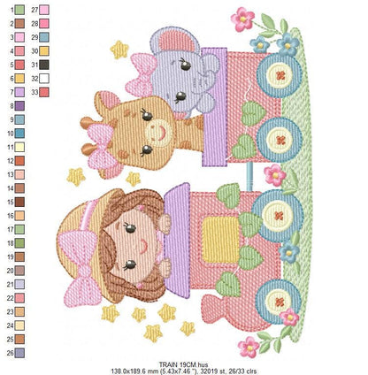 Safari Wild Animals in a train embroidery designs - Elephant and Giraffe machine embroidery pattern - Baby Girl file - Instant download pes