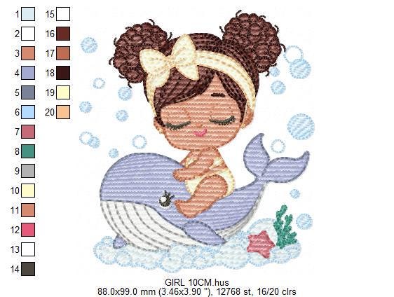 Whale embroidery designs - Diver Swiming Girl with black curly hair machine embroidery pattern - Ocean animal file - Instant download pes