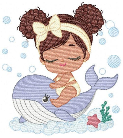 Whale embroidery designs - Diver Swiming Girl with black curly hair machine embroidery pattern - Ocean animal file - Instant download pes