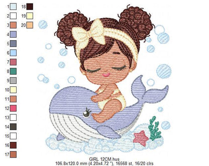 Whale embroidery designs - Diver Swiming Girl with black curly hair machine embroidery pattern - Ocean animal file - Instant download pes