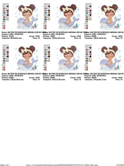 Whale embroidery designs - Diver Swiming Girl with black curly hair machine embroidery pattern - Ocean animal file - Instant download pes