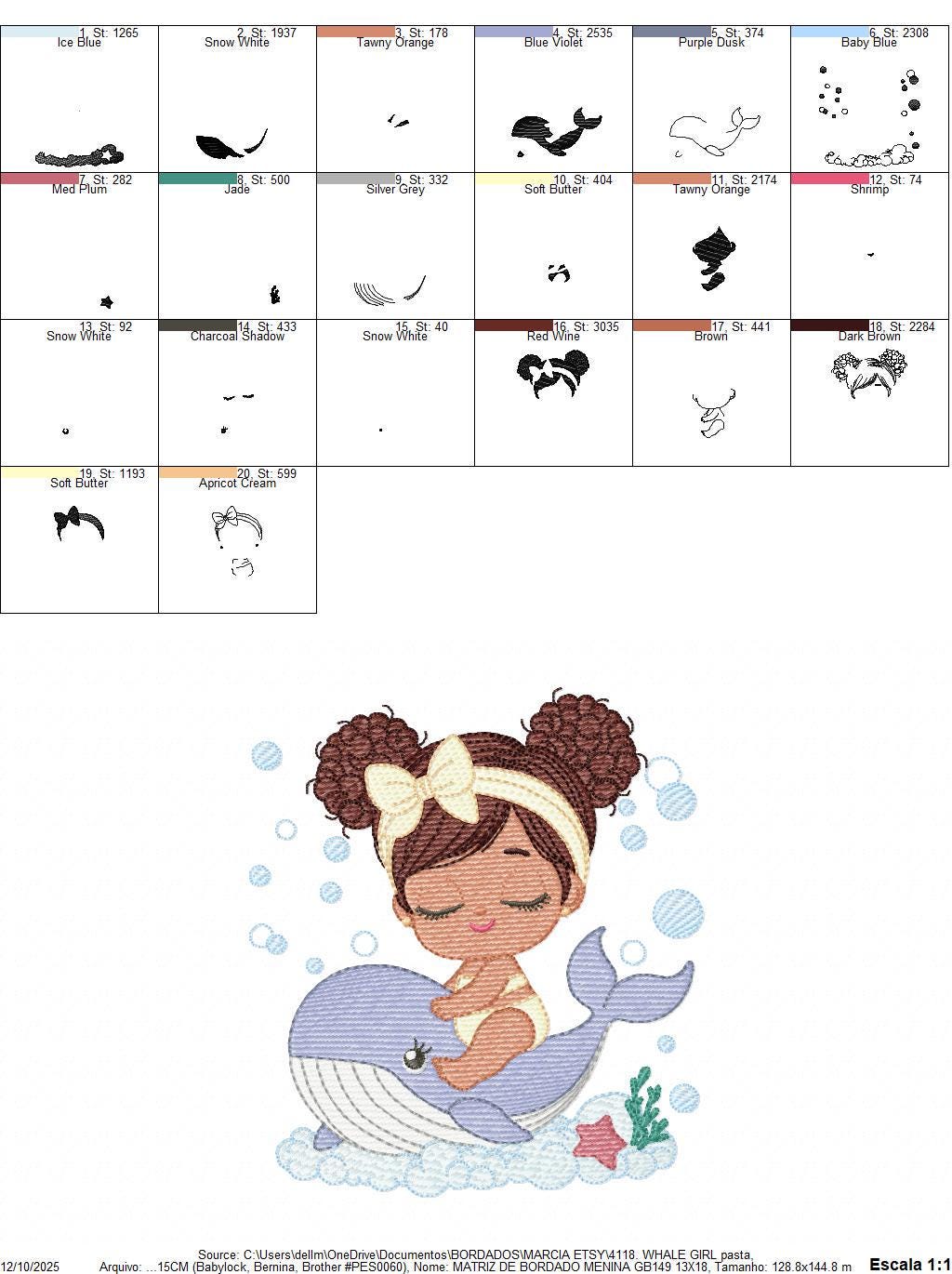 Whale embroidery designs - Diver Swiming Girl with black curly hair machine embroidery pattern - Ocean animal file - Instant download pes