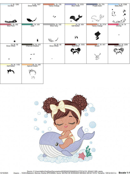 Whale embroidery designs - Diver Swiming Girl with black curly hair machine embroidery pattern - Ocean animal file - Instant download pes