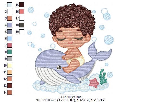 Whale embroidery designs - Diver Swiming Boy with black curly hair machine embroidery pattern - Ocean animal file - Instant download pes jef