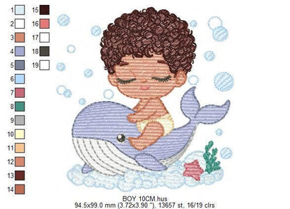Whale embroidery designs - Diver Swiming Boy with black curly hair machine embroidery pattern - Ocean animal file - Instant download pes jef