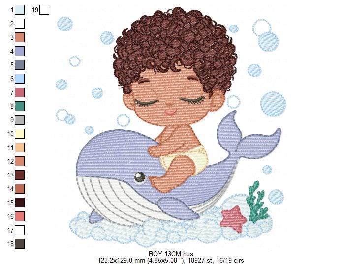 Whale embroidery designs - Diver Swiming Boy with black curly hair machine embroidery pattern - Ocean animal file - Instant download pes jef