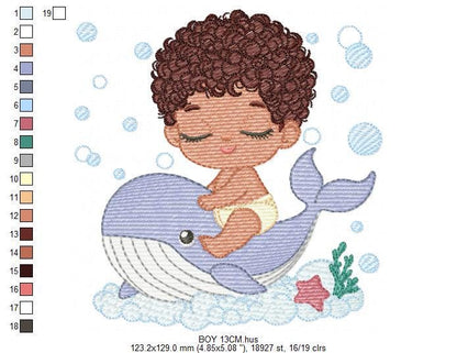 Whale embroidery designs - Diver Swiming Boy with black curly hair machine embroidery pattern - Ocean animal file - Instant download pes jef