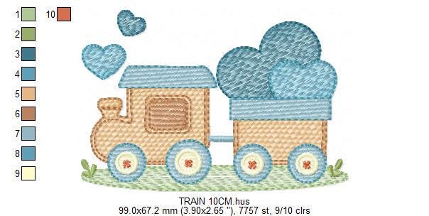 Train with wagon embroidery designs - Train with hearts machine embroidery pattern - Baby boy file - Instant digital download pes jef dst