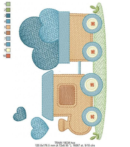 Train with wagon embroidery designs - Train with hearts machine embroidery pattern - Baby boy file - Instant digital download pes jef dst