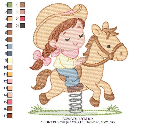 Cowgirl embroidery design - Baby girl with toy horse machine embroidery pattern - Girl with cowboy hat and horse file - Instant download pes