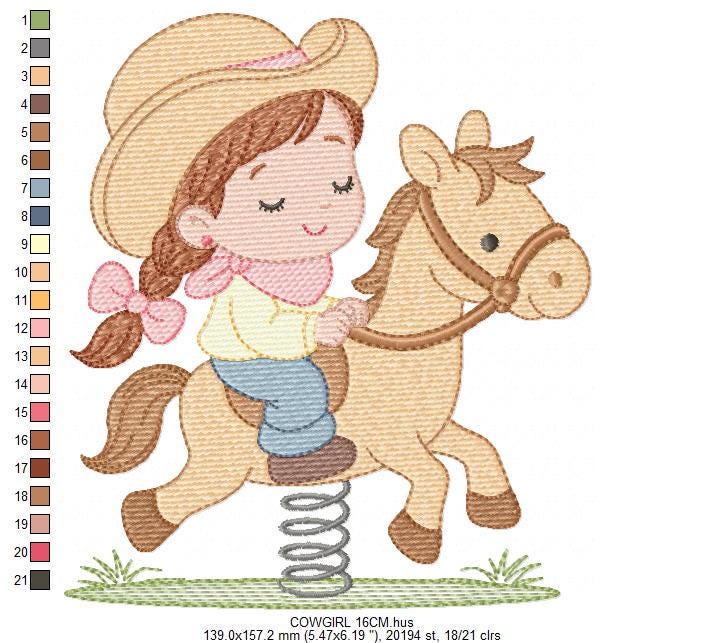 Cowgirl embroidery design - Baby girl with toy horse machine embroidery pattern - Girl with cowboy hat and horse file - Instant download pes