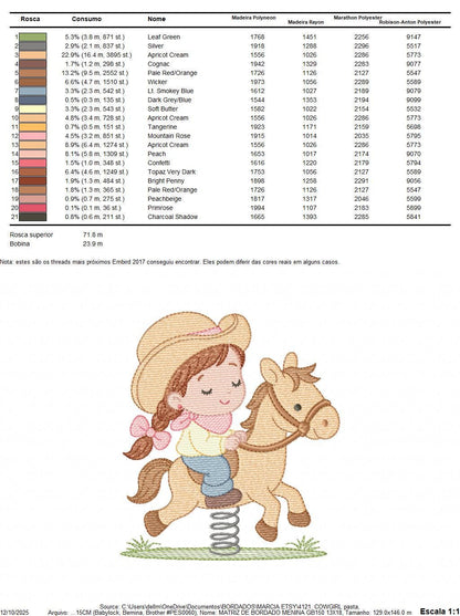 Cowgirl embroidery design - Baby girl with toy horse machine embroidery pattern - Girl with cowboy hat and horse file - Instant download pes