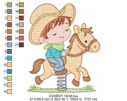 Cowboy embroidery design - Baby boy with toy horse machine embroidery pattern - Farm ranch Boy with cowboy hat file - Instant download pes