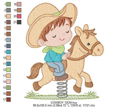 Cowboy embroidery design - Baby boy with toy horse machine embroidery pattern - Farm ranch Boy with cowboy hat file - Instant download pes