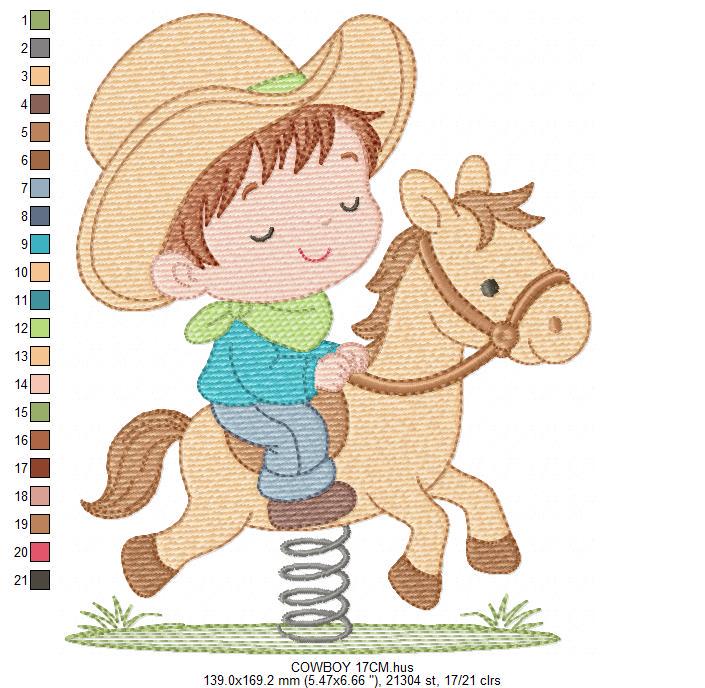 Cowboy embroidery design - Baby boy with toy horse machine embroidery pattern - Farm ranch Boy with cowboy hat file - Instant download pes