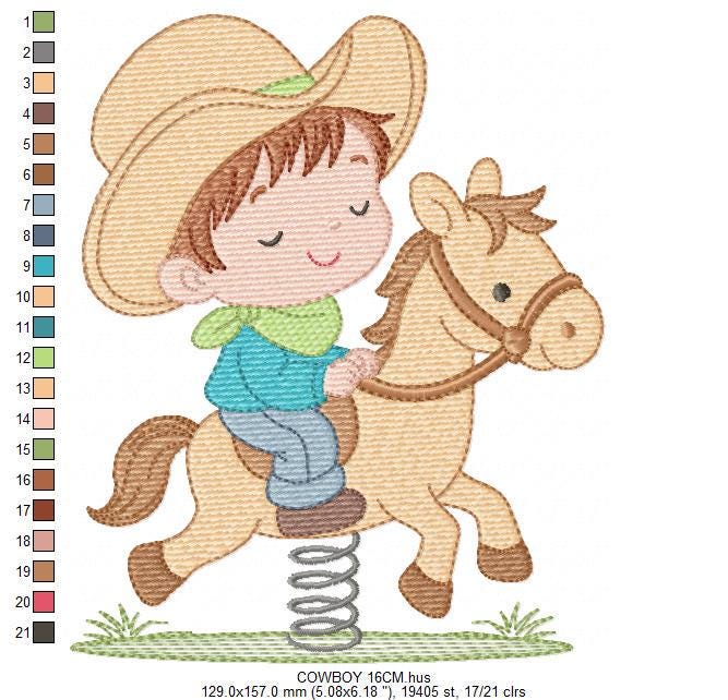 Cowboy embroidery design - Baby boy with toy horse machine embroidery pattern - Farm ranch Boy with cowboy hat file - Instant download pes