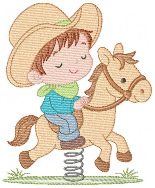 Cowboy embroidery design - Baby boy with toy horse machine embroidery pattern - Farm ranch Boy with cowboy hat file - Instant download pes