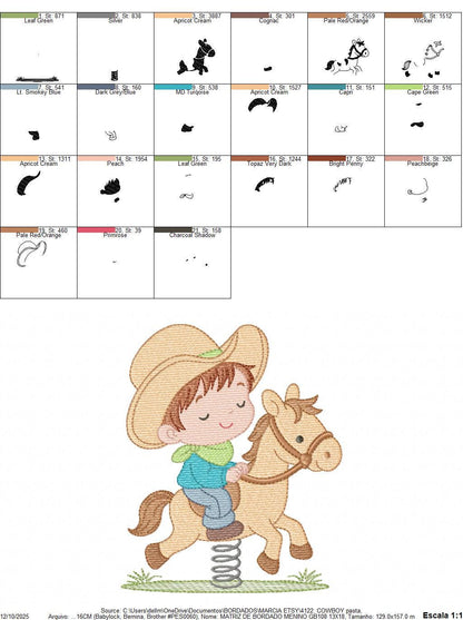 Cowboy embroidery design - Baby boy with toy horse machine embroidery pattern - Farm ranch Boy with cowboy hat file - Instant download pes