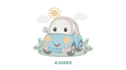 Beetle car embroidery designs - Car with grass sun and clouds machine embroidery pattern - Baby Boy Car with eyes face - Instant download