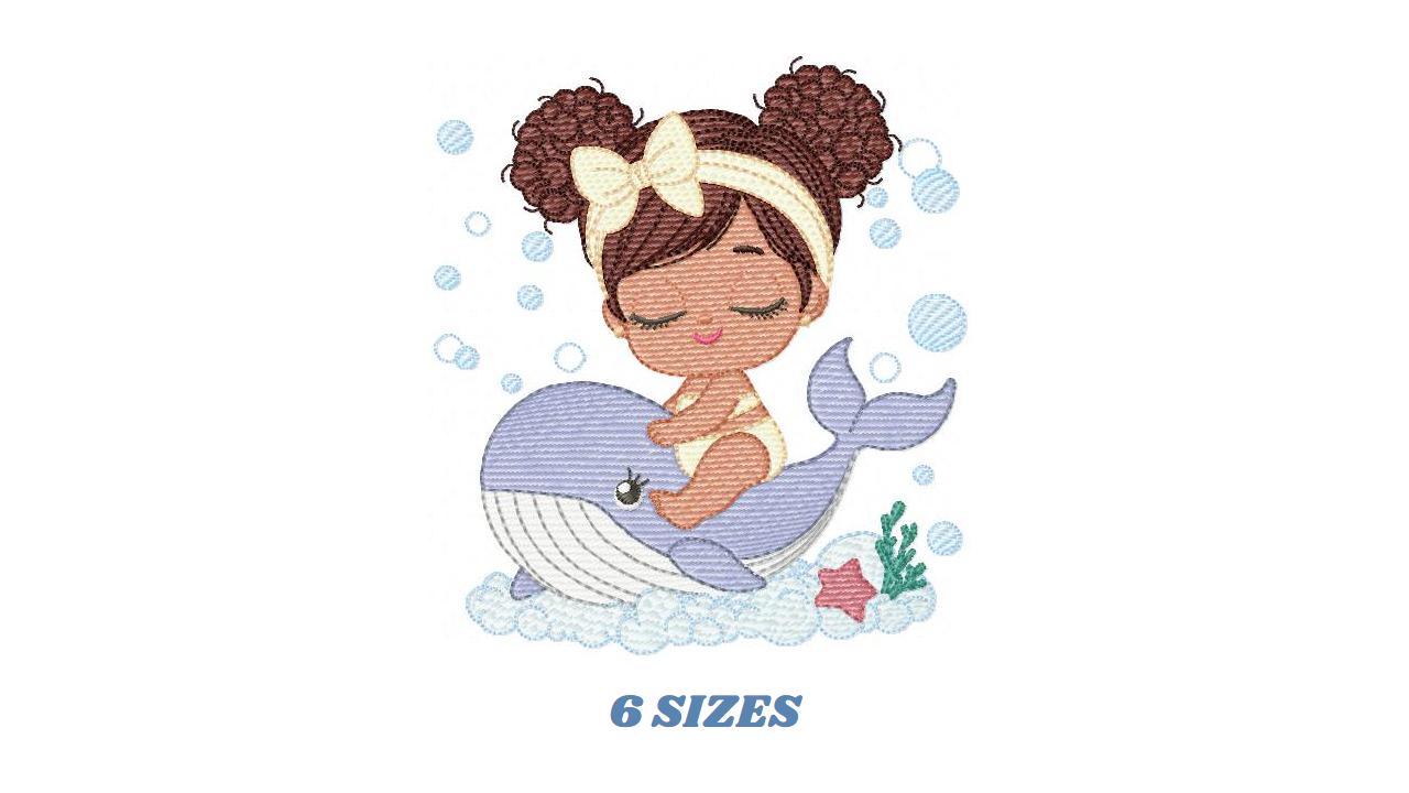 Whale embroidery designs - Diver Swiming Girl with black curly hair machine embroidery pattern - Ocean animal file - Instant download pes