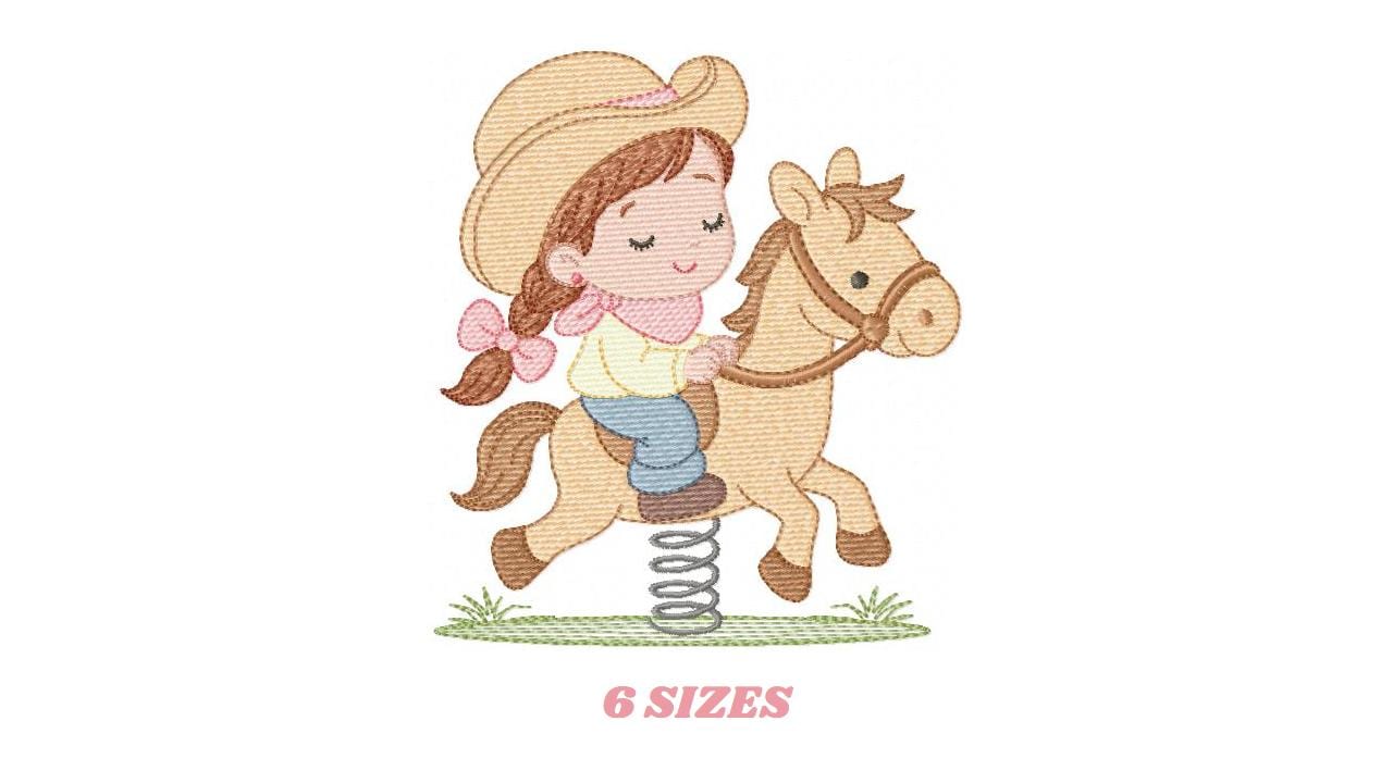 Cowgirl embroidery design - Baby girl with toy horse machine embroidery pattern - Girl with cowboy hat and horse file - Instant download pes