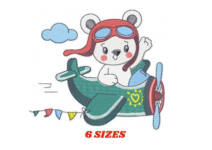 Bear with plane embroidery designs - Pilot Aviator Bear machine embroidery pattern - Baby boy file - Instant digital download pes jef dst