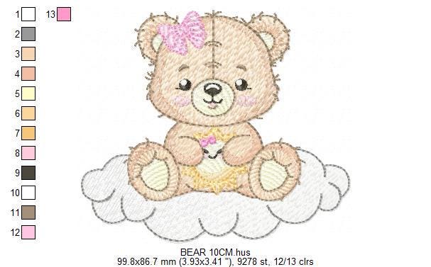 Female Bear embroidery designs - Baby girl Teddy with sun and cloud machine embroidery pattern - Instant digital download pes jef dst hus