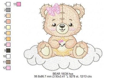 Female Bear embroidery designs - Baby girl Teddy with sun and cloud machine embroidery pattern - Instant digital download pes jef dst hus