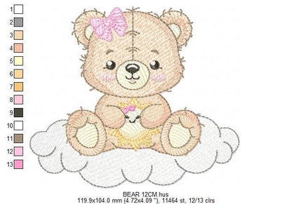 Female Bear embroidery designs - Baby girl Teddy with sun and cloud machine embroidery pattern - Instant digital download pes jef dst hus
