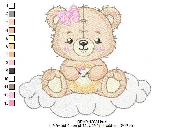 Female Bear embroidery designs - Baby girl Teddy with sun and cloud machine embroidery pattern - Instant digital download pes jef dst hus