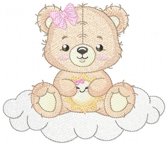 Female Bear embroidery designs - Baby girl Teddy with sun and cloud machine embroidery pattern - Instant digital download pes jef dst hus