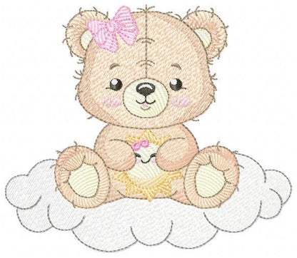 Female Bear embroidery designs - Baby girl Teddy with sun and cloud machine embroidery pattern - Instant digital download pes jef dst hus
