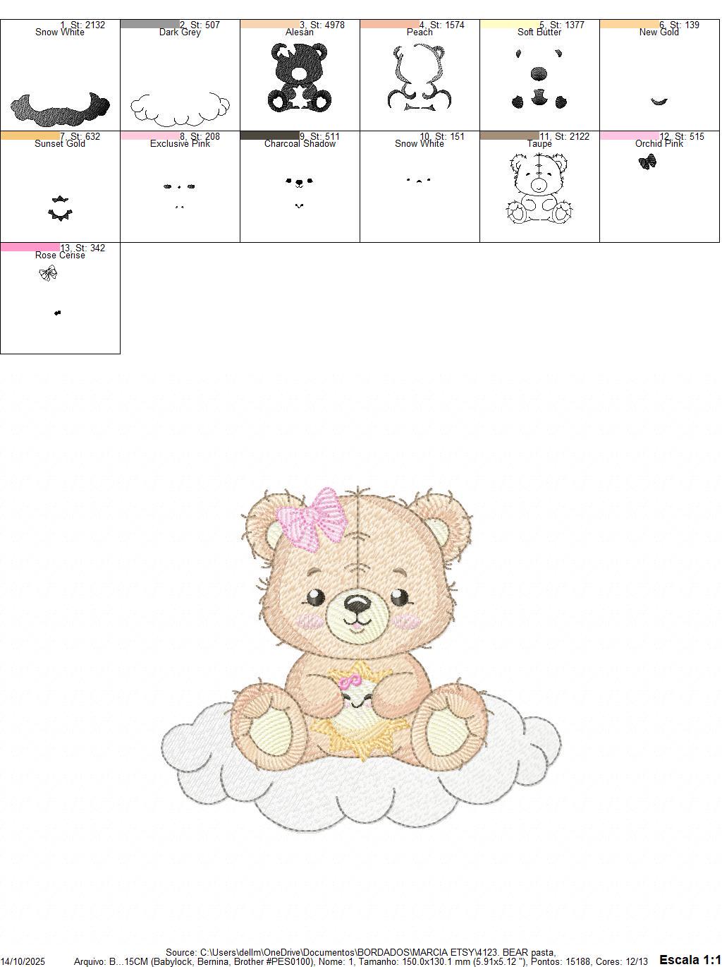 Female Bear embroidery designs - Baby girl Teddy with sun and cloud machine embroidery pattern - Instant digital download pes jef dst hus
