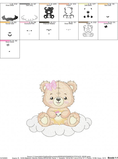 Female Bear embroidery designs - Baby girl Teddy with sun and cloud machine embroidery pattern - Instant digital download pes jef dst hus