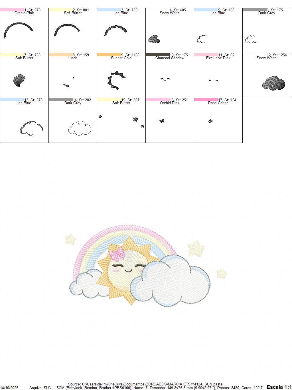 Rainbow embroidery design - Sun cloud and rainbow machine embroidery pattern - Baby girl file - Instant digital download pes jef dst hus vp3