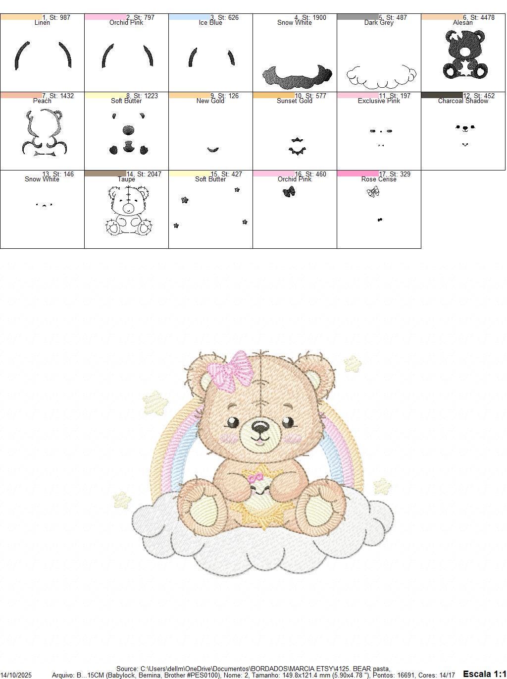 Baby Girl Bear embroidery designs - Bear with rainbow clouds and sun machine embroidery pattern - Instant digital download pes jef dst hus