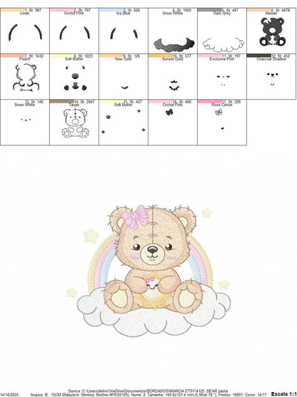 Baby Girl Bear embroidery designs - Bear with rainbow clouds and sun machine embroidery pattern - Instant digital download pes jef dst hus