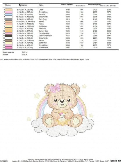 Baby Girl Bear embroidery designs - Bear with rainbow clouds and sun machine embroidery pattern - Instant digital download pes jef dst hus