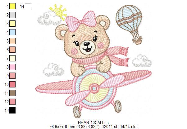 Bear with plane embroidery designs - Baby girl Bear Pilot machine embroidery pattern - Aviator Teddy Bear file - Instant digital download