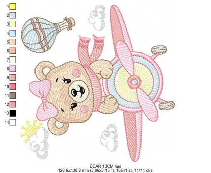 Bear with plane embroidery designs - Baby girl Bear Pilot machine embroidery pattern - Aviator Teddy Bear file - Instant digital download