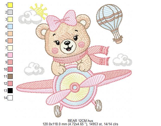 Bear with plane embroidery designs - Baby girl Bear Pilot machine embroidery pattern - Aviator Teddy Bear file - Instant digital download