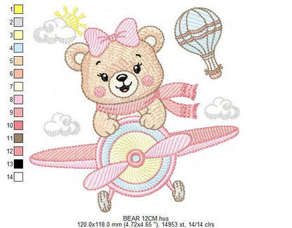 Bear with plane embroidery designs - Baby girl Bear Pilot machine embroidery pattern - Aviator Teddy Bear file - Instant digital download