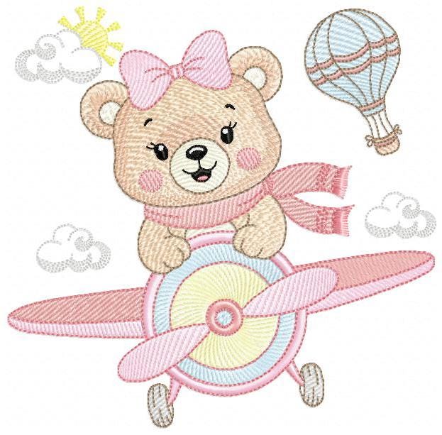 Bear with plane embroidery designs - Baby girl Bear Pilot machine embroidery pattern - Aviator Teddy Bear file - Instant digital download